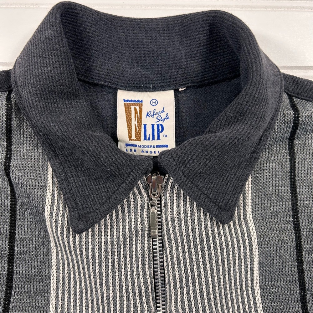 VTG Flip Los Angeles Refined‎ Style Quarter Zip Knit Polo Mens Med Grey Striped